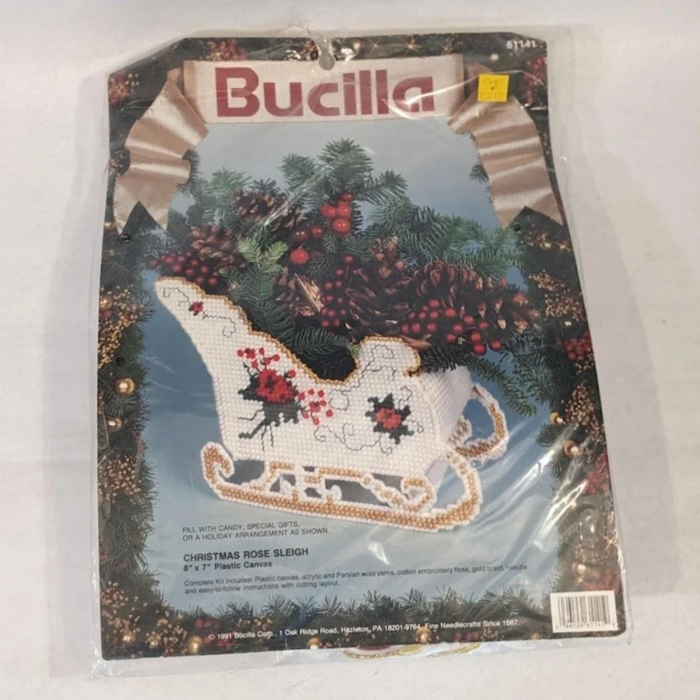 Vintage 1991 Bucilla Christmas Rose Sleigh Plastic Canvas Kit 61141 Sealed